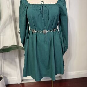 Teal Off-Shoulder Dress with Silver Chain Belt